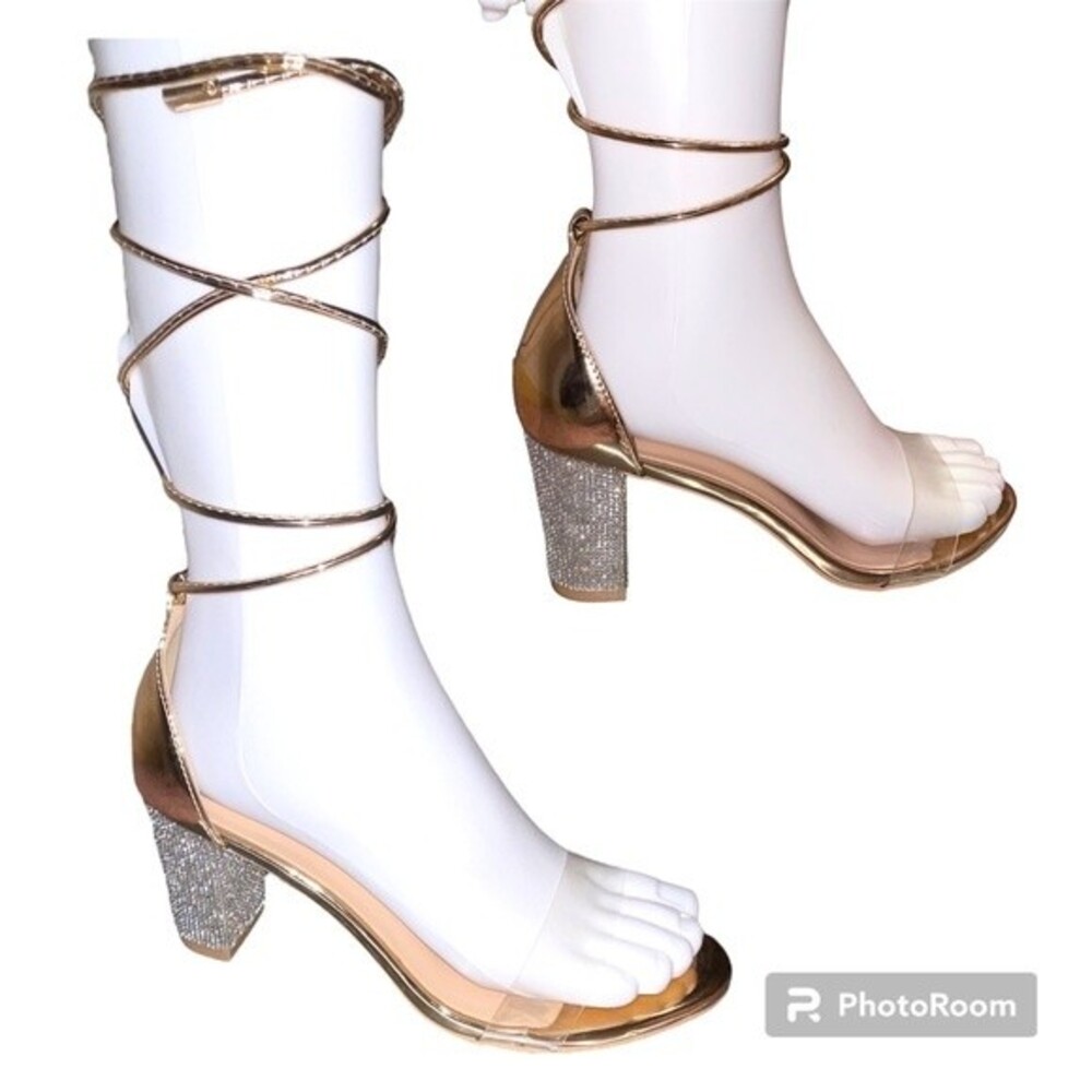 Lala Ikai Rhinestone Heel Clear Strap Tie Up Heels Size 37.5 OR U.S. 7.5